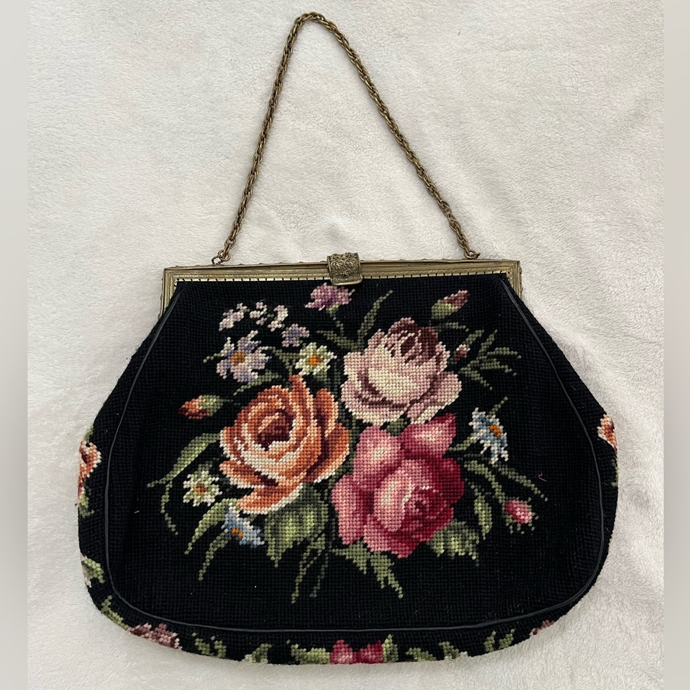 Large Floral Vintage Needlepoint Tapestry Bag Purse with Chain Strap Handle